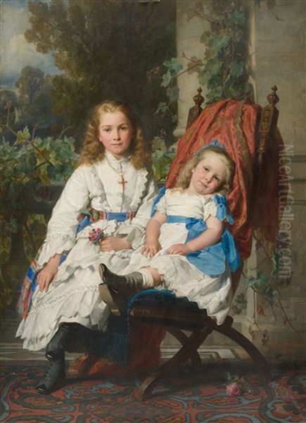 Bildnis Der Anni Und Else Simrock Oil Painting by Julius Friedrich Anton Schrader