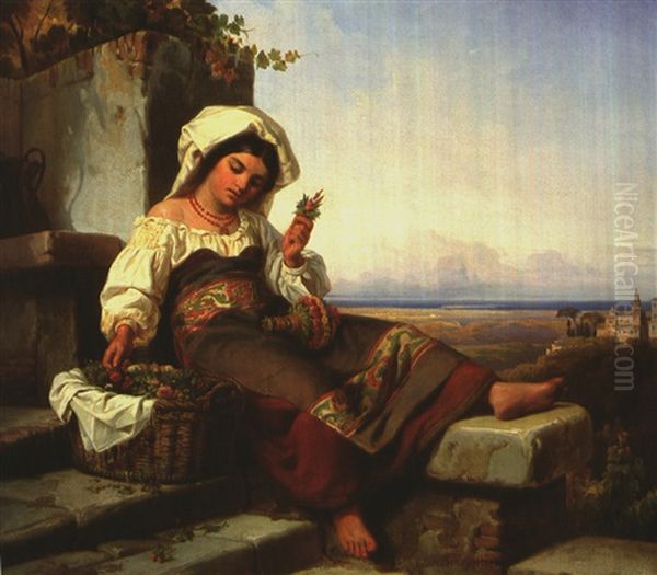 Junge Italienerin Beim Blumen Binden Oil Painting by Julius Friedrich Anton Schrader