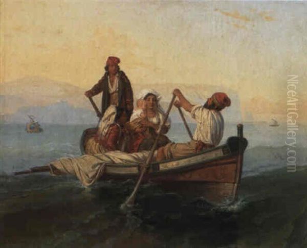 Capri-fischer Mit Frauen Und Kind Im Kahn Vor Der Insel Oil Painting by Julius Friedrich Anton Schrader