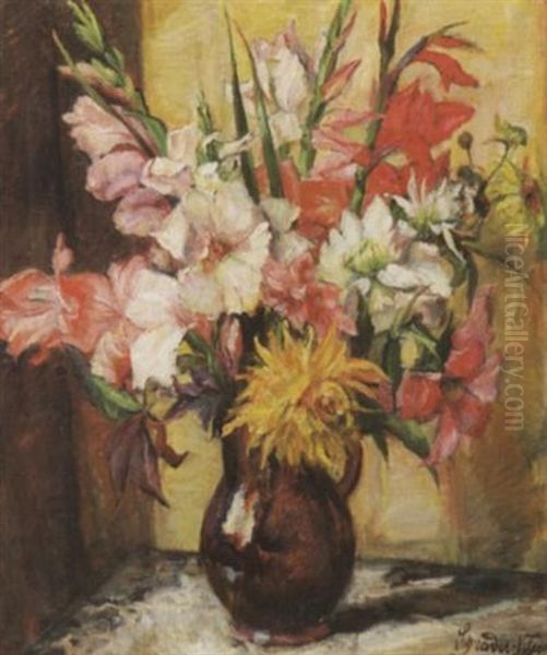 Blumenstilleben. Gladiolin, Dahlien Und Schlafmohn In Einem Tonkrug Oil Painting by Carl Hans Schrader-Velgen