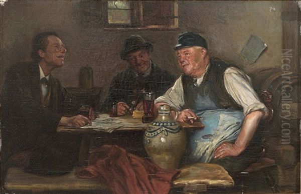 Drei Herren Im Weinkeller Diskutieren Oil Painting by Julius Schrag