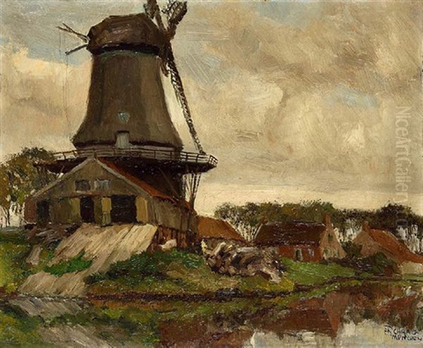 Muhle Bei Emden/ostfriesland Oil Painting by Julius Schrag