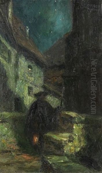 Nachtliche Gasse. Bewahrt Das Feuer Und Das Licht Oil Painting by Julius Schrag