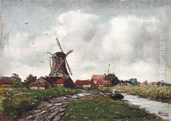 Hollandische Weidelandschaft Mit Kanal Am Rande Eines Dorfes Oil Painting by Julius Schrag