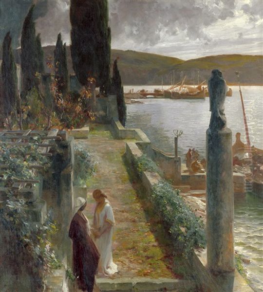 Antiker Hafen Mit Zwei Frauen In Tunikas by Alois Hans Schram