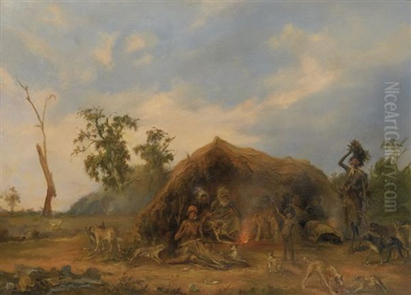 Native Encampment In South Australia Oil Painting by Alexander Schramm