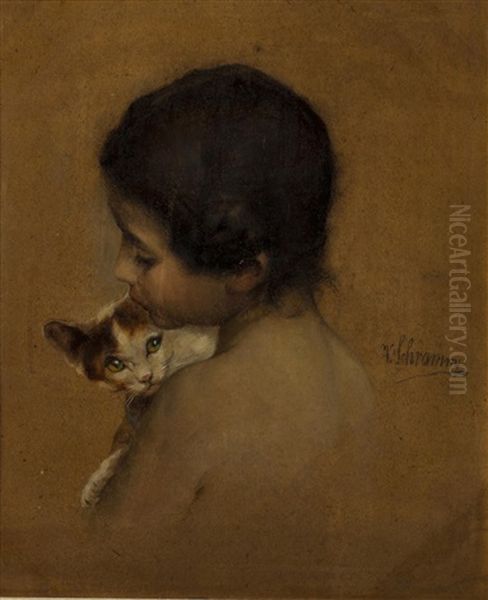 Madchen Mit Katze Oil Painting by Viktor Schramm