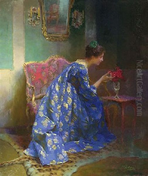 Dame In Blauem Kleid Oil Painting by Viktor Schramm