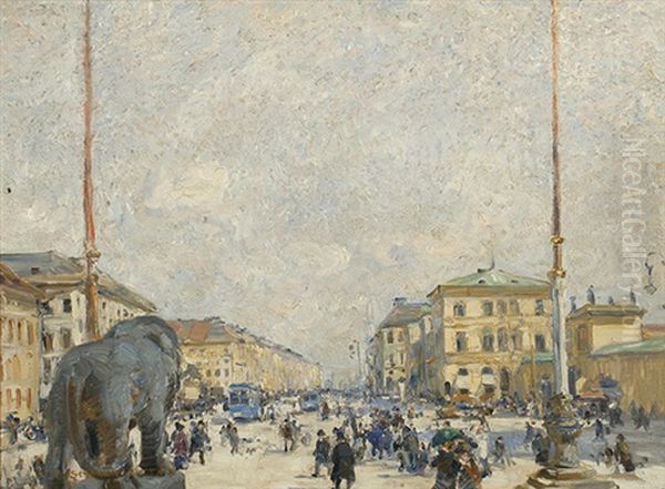 Blick Von Der Feldherrenhalle Auf Die Luwigstrase In Munchen, In Der Ferne Das Siegestor Oil Painting by Max Rudolf Schramm-Zittau