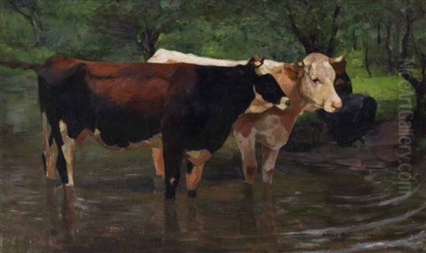 Zwei Stehende Kuhe Im Wasser Oil Painting by Max Rudolf Schramm-Zittau