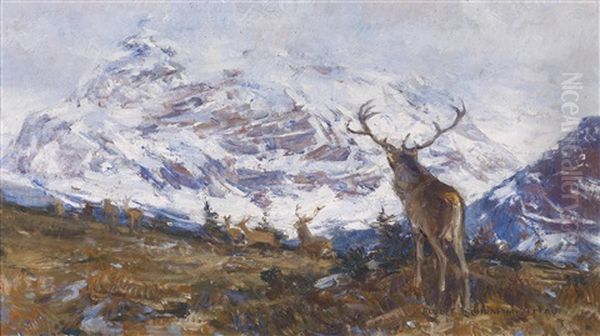 Rotwildrudel Im Hochgebirge Oil Painting by Max Rudolf Schramm-Zittau