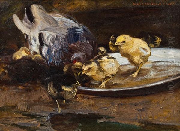 Huhn Mit Kuken Oil Painting by Max Rudolf Schramm-Zittau