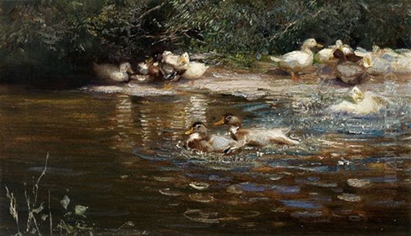 Entenschar Am Ufer Und Im Bach Oil Painting by Max Rudolf Schramm-Zittau