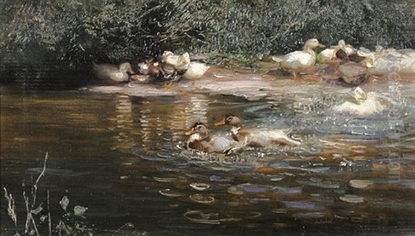 Enten Am Teich Oil Painting by Max Rudolf Schramm-Zittau