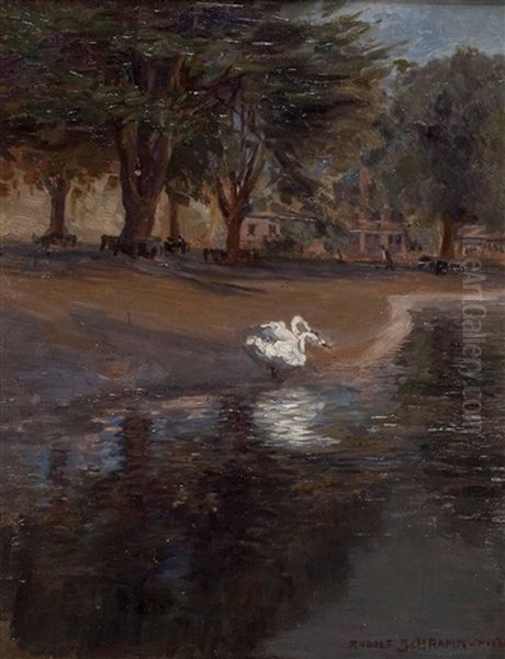 Zwei Schwane Am Seeufer Im Englischen Garten, Munchen Oil Painting by Max Rudolf Schramm-Zittau