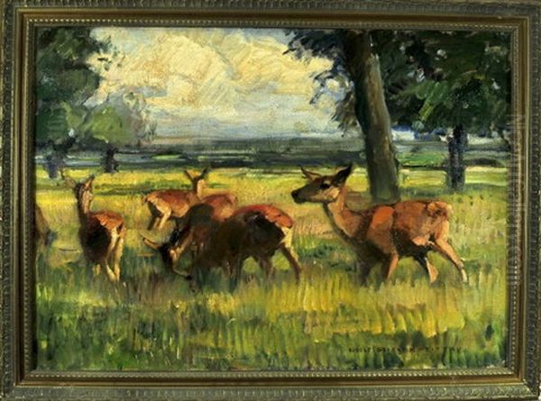 Eine Herde Rehe Auf Der Wiese Am Waldrand Oil Painting by Max Rudolf Schramm-Zittau