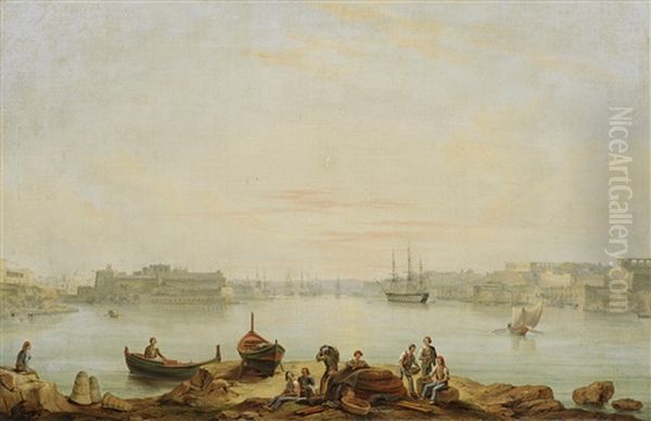 The English Fleet In The Grand Harbour At Valletta, Malta Oil Painting by Anton Schranz the Younger