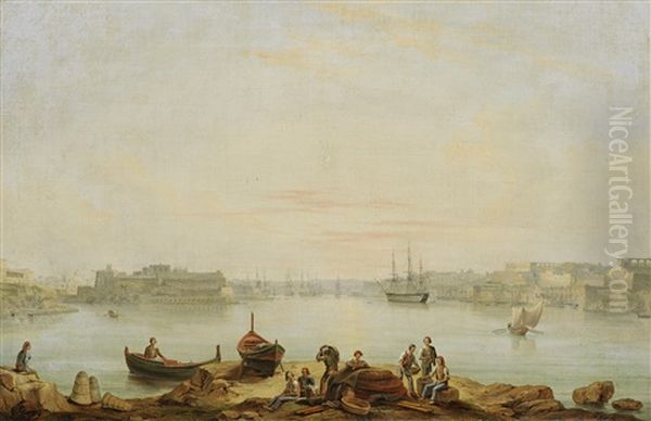 The English Fleet In The Grand Harbour At Valletta, Malta Oil Painting by Anton Schranz the Younger