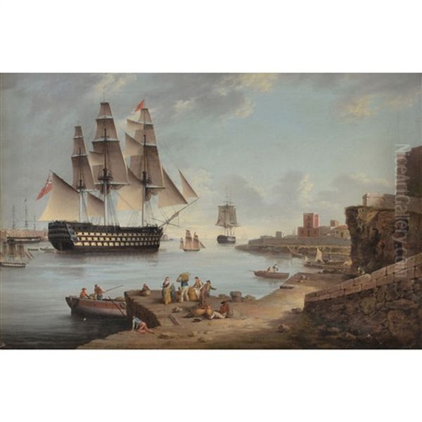 Hms Caledonia In Mahon; Hms Caledonia Leaving Mahon (a Pair) Oil Painting by Anton Schranz