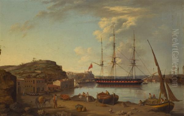 A British Frigate At Anchor, Port Mahon, Minorca Oil Painting by Anton Schranz