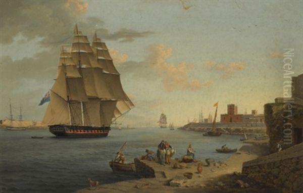 A British Frigate Leaving Port Mahon, Minorca Oil Painting by Anton Schranz