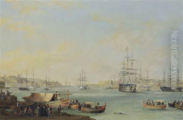 The Arrival Of The Dowager Queen Adelaide Aboard H.m.s. Hastings At The Grand Harbour, Valletta Oil Painting by Anton Schranz