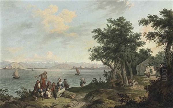 View Of The Port Of Corfu From The Island Of Vido, With Peasants And Goats Resting On The Shoreline In The Foreground Oil Painting by Anton Schranz