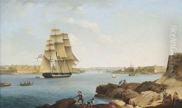 A British Frigate Entering Grand Harbor, Valetta, Malta Oil Painting by Anton Schranz