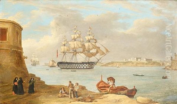 Hms Britannia Entering The Grand Harbour, Valletta (+ Another; Pair) Oil Painting by Anton Schranz