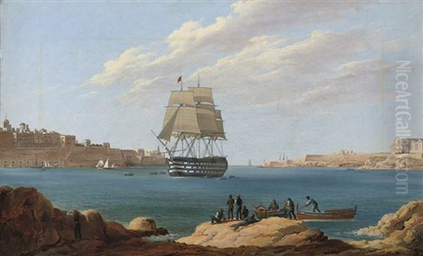 H.m.s. Britannia Coming Into Valetta, Malta Oil Painting by Anton Schranz