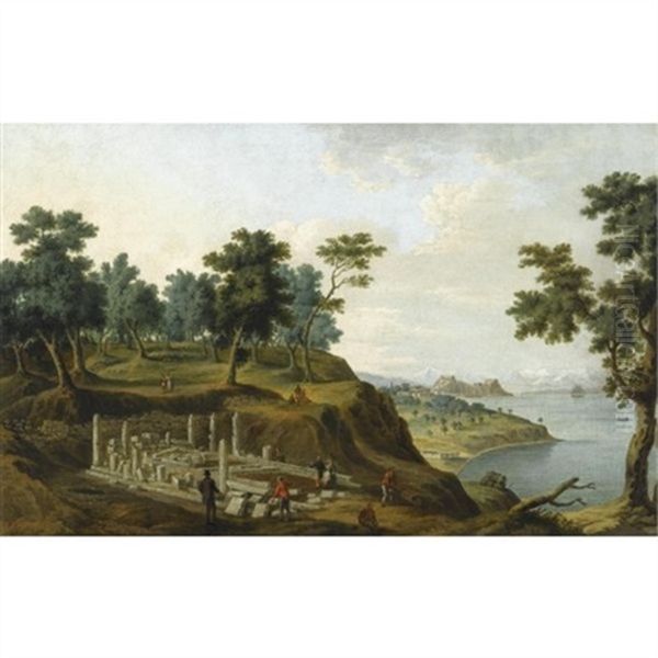 Figures Among The Ruins Of The Temple Of Artemis With The Citadel In The Distance, Corfu Oil Painting by Anton Schranz