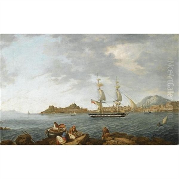 A British East Indiaman And Other Ships Entering Corfu Harbour Oil Painting by Anton Schranz