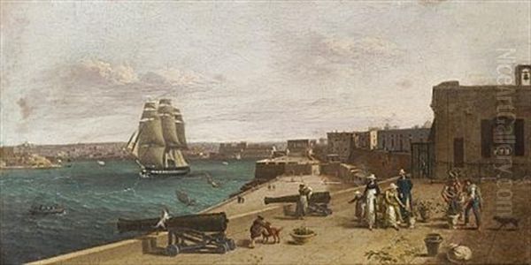 A Frigate Leaving The Grand Harbour, Watched By Townsfolk From The Lower Baracca, Valletta, Malta Oil Painting by Anton Schranz