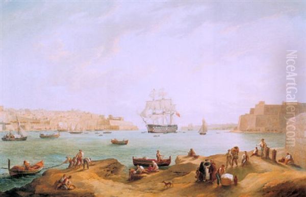 A View Of The Grand Harbour At Valetta Oil Painting by Anton Schranz