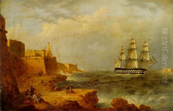 A Frigate Entering The Grand Harbour, Valletta Oil Painting by Anton Schranz