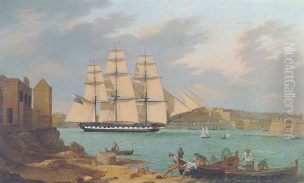 A Frigate Leaving The Grand Harbour At Valetta by Anton Schranz