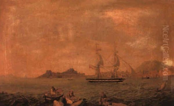 A British East Indiaman And Other Shipping Entering Valletta Harbour Oil Painting by Anton Schranz