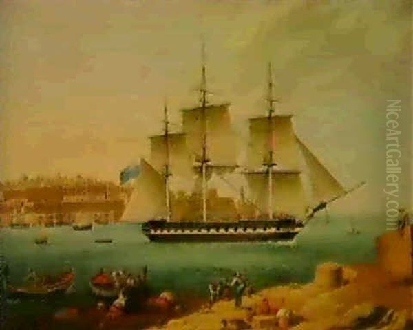 H.m.s. Seringapatam At Anchor In Valetta Harbour, Malta Oil Painting by Anton Schranz