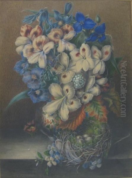 Still Life With Flowers And Bird's Nest Oil Painting by James Bowles