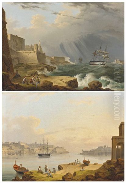 A British Frigate Rounding Senglea Point, Valletta, Malta During A Storm; And Valletta Harbour, Malta, With A Fifty-two-gun Fourth-rate Ship At Anchor (pair) Oil Painting by Giovanni Jean Schranz