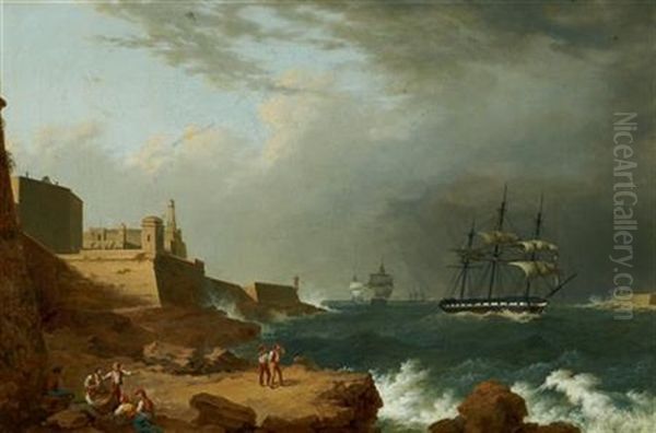 A British Frigate Entering Valletta Harbour During A Storm Oil Painting by Giovanni Jean Schranz