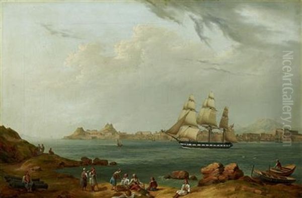 A British Frigate Leaving Valletta Harbour Oil Painting by Giovanni Jean Schranz