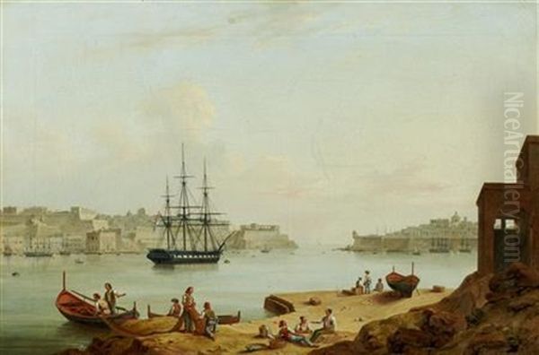 A British Frigate At Anchor In Valletta Harbour Oil Painting by Giovanni Jean Schranz