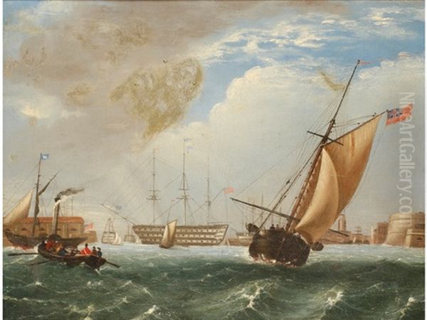 British Men-o-war At Anchor Within Harbours With Other Shipping (pair) Oil Painting by Giovanni Jean Schranz