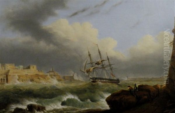 A British Battleship Caught In A Swell In Valletta Harbor, Malta Oil Painting by Giovanni Jean Schranz