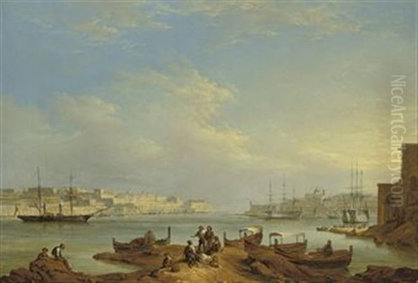 A View Of Grand Harbor, Valetta, From Corradino, With The British 1st Rate Howe Lying At Anchor Off Senglea by Giovanni Jean Schranz