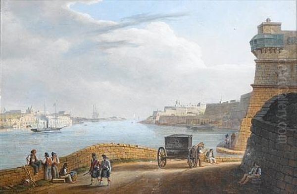 Grand Harbour From Below Corradino Oil Painting by Giovanni Jean Schranz