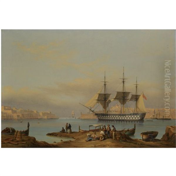 Hms "rodney" In The Grand Harbour At Valetta Oil Painting by Giovanni Jean Schranz