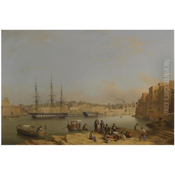 Hms "leander" At Anchor In Dockyard Creek, Valetta Harbour, A Man-of-war Being Fitted Out Beyond Oil Painting by Giovanni Jean Schranz