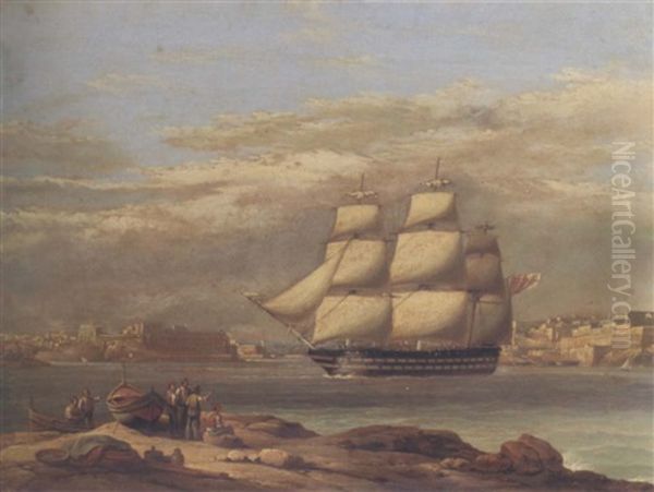 A British Ship Entering Valetta Harbour Oil Painting by Giovanni Jean Schranz